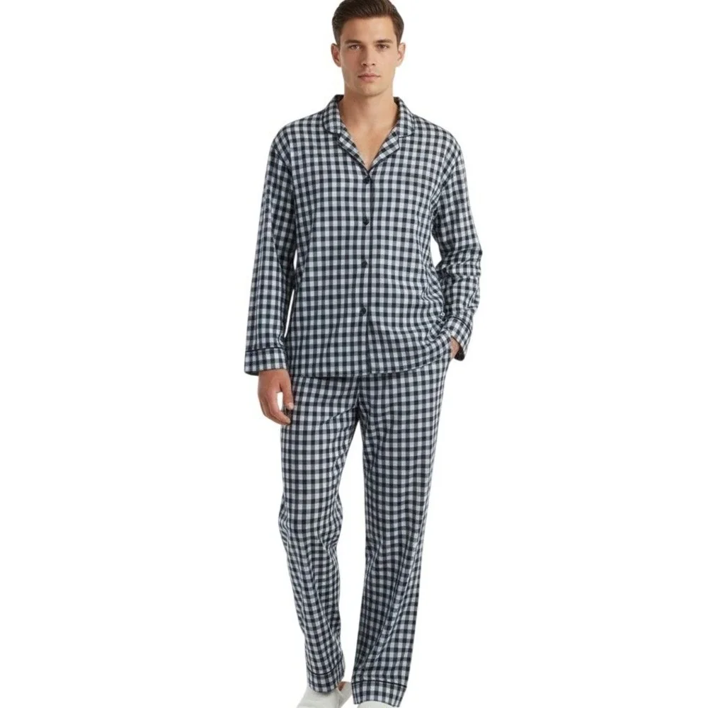 Hanes Pajama Set‎ Mens 2XL Blue Black Check Button Front Sleepwear Lounge Casual